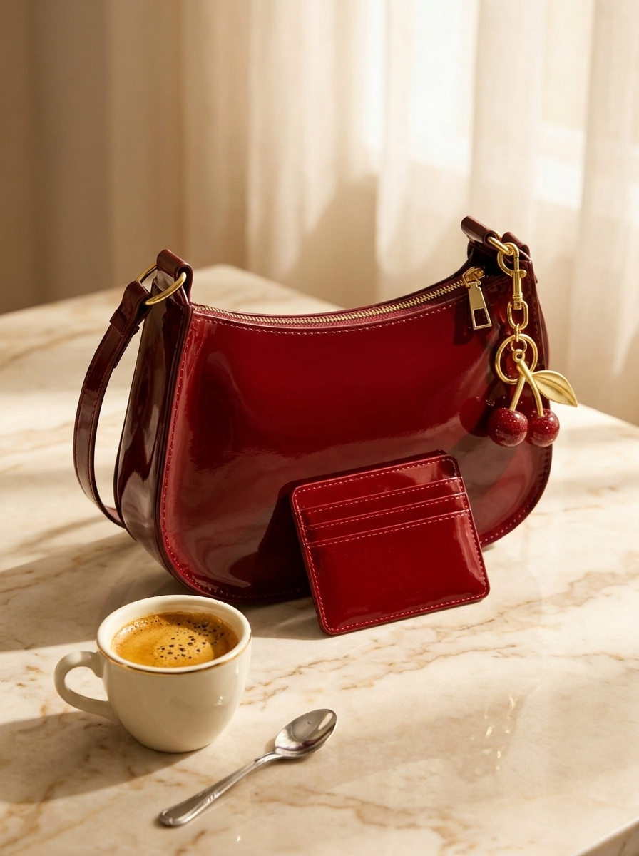 Griotte cardholder next to the Cherry Charm Bag with espresso - set combination