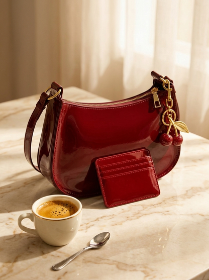 Griotte cardholder next to the Cherry Charm Bag with espresso - set combination