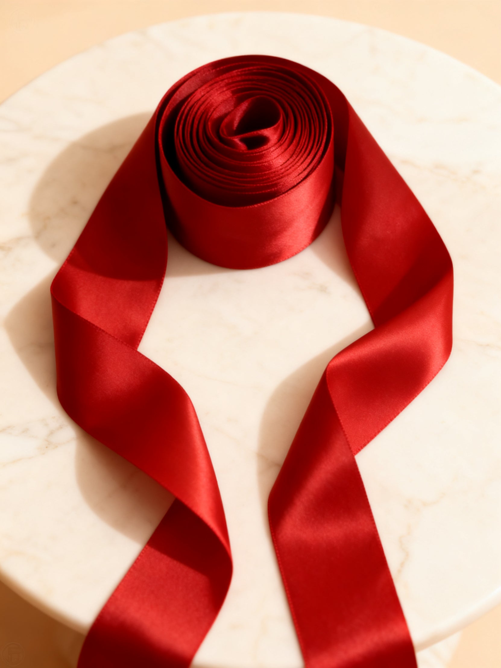 Reine satin ribbon rolled up from above with sheen gradient on marble
