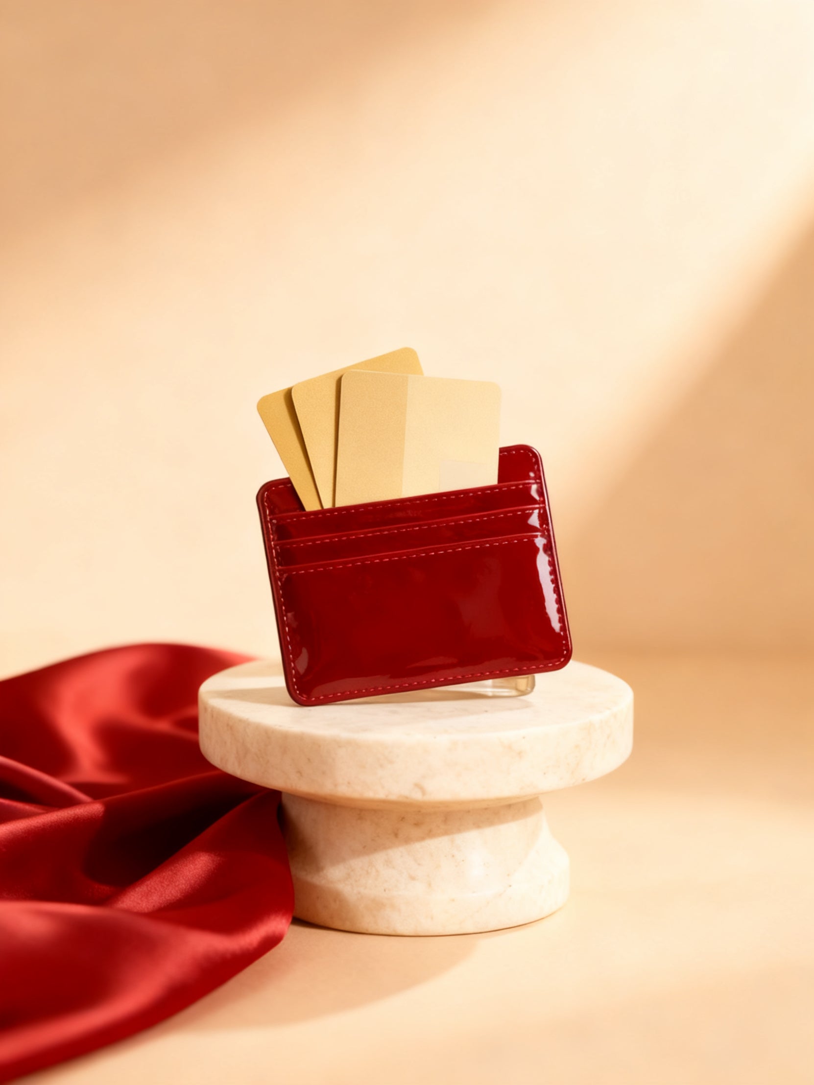 Griotte cardholder with fanned card edges on marble