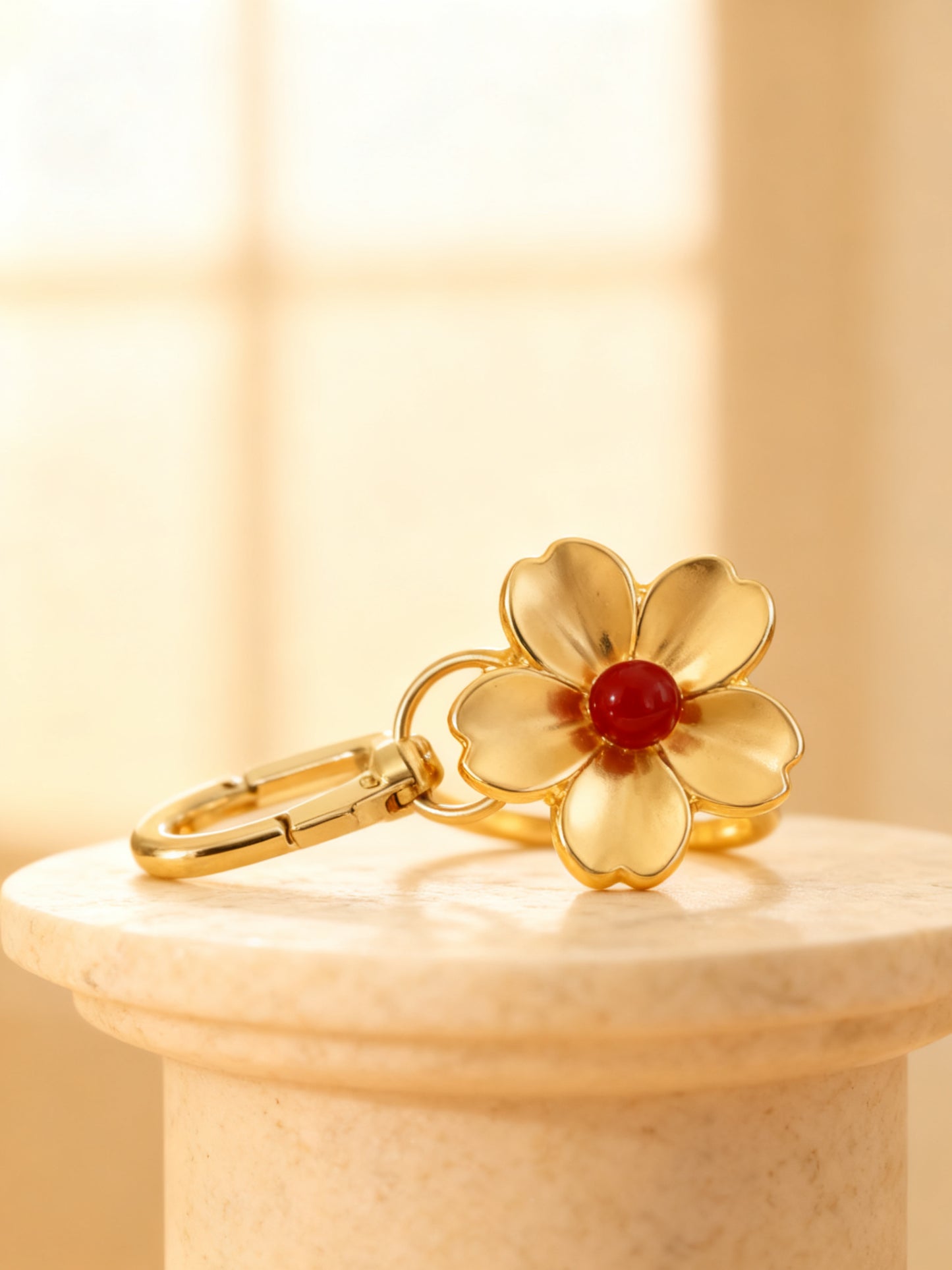 Fleur bag charm macro blossom detail with clasp on marble