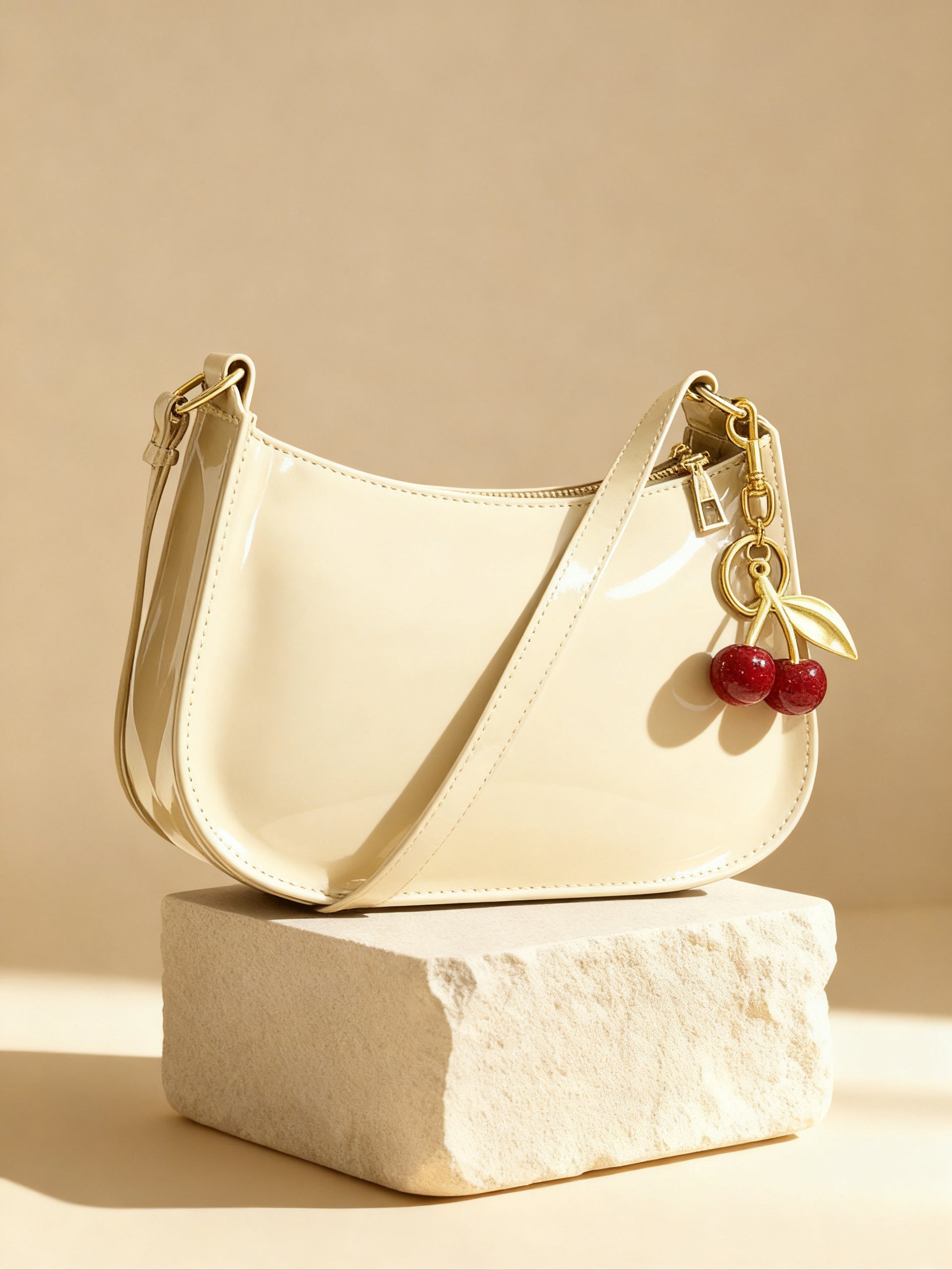 Cream vegan glossy handbag with cherry charm and shoulder strap on stone pedestal