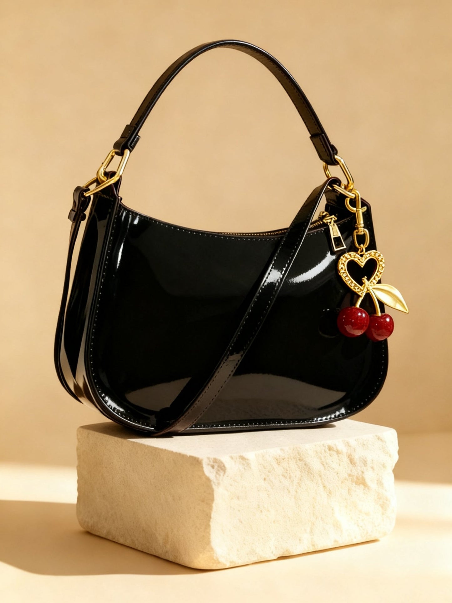 Fleur bag charm hanging on a bag handle