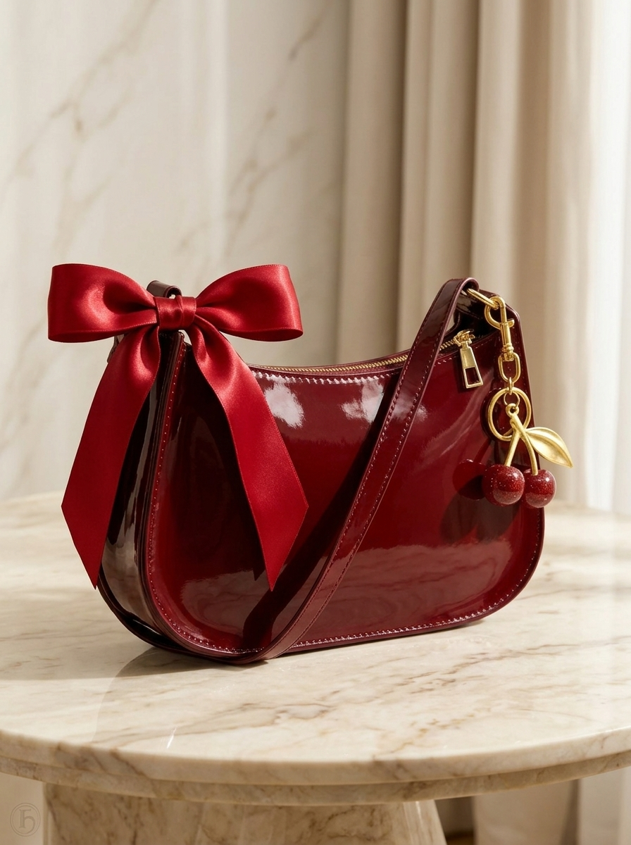 Reine satin ribbon tied as a bow on the handle of the Cherry Charm Bag