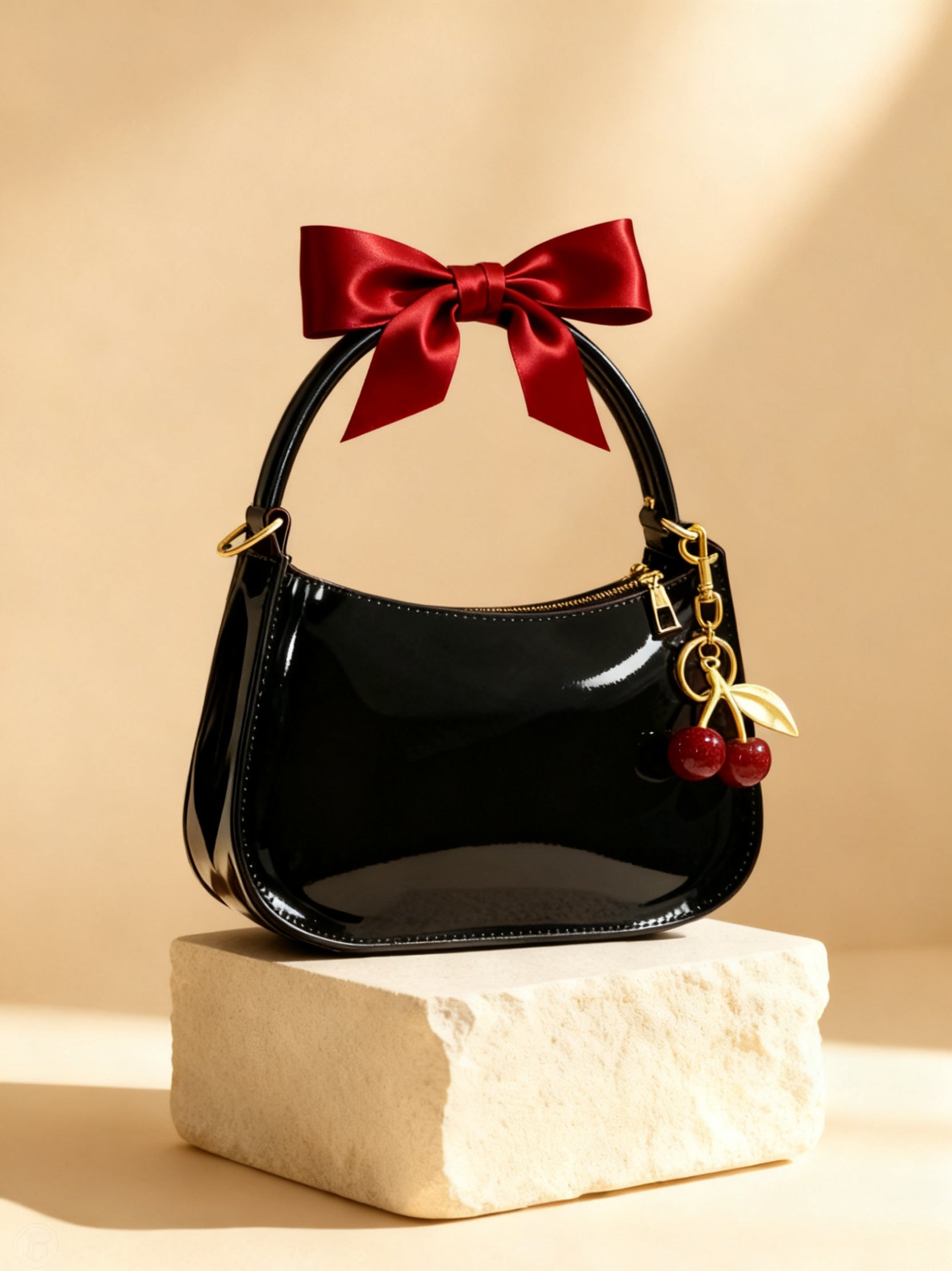 Reine satin ribbon tied on a bag handle