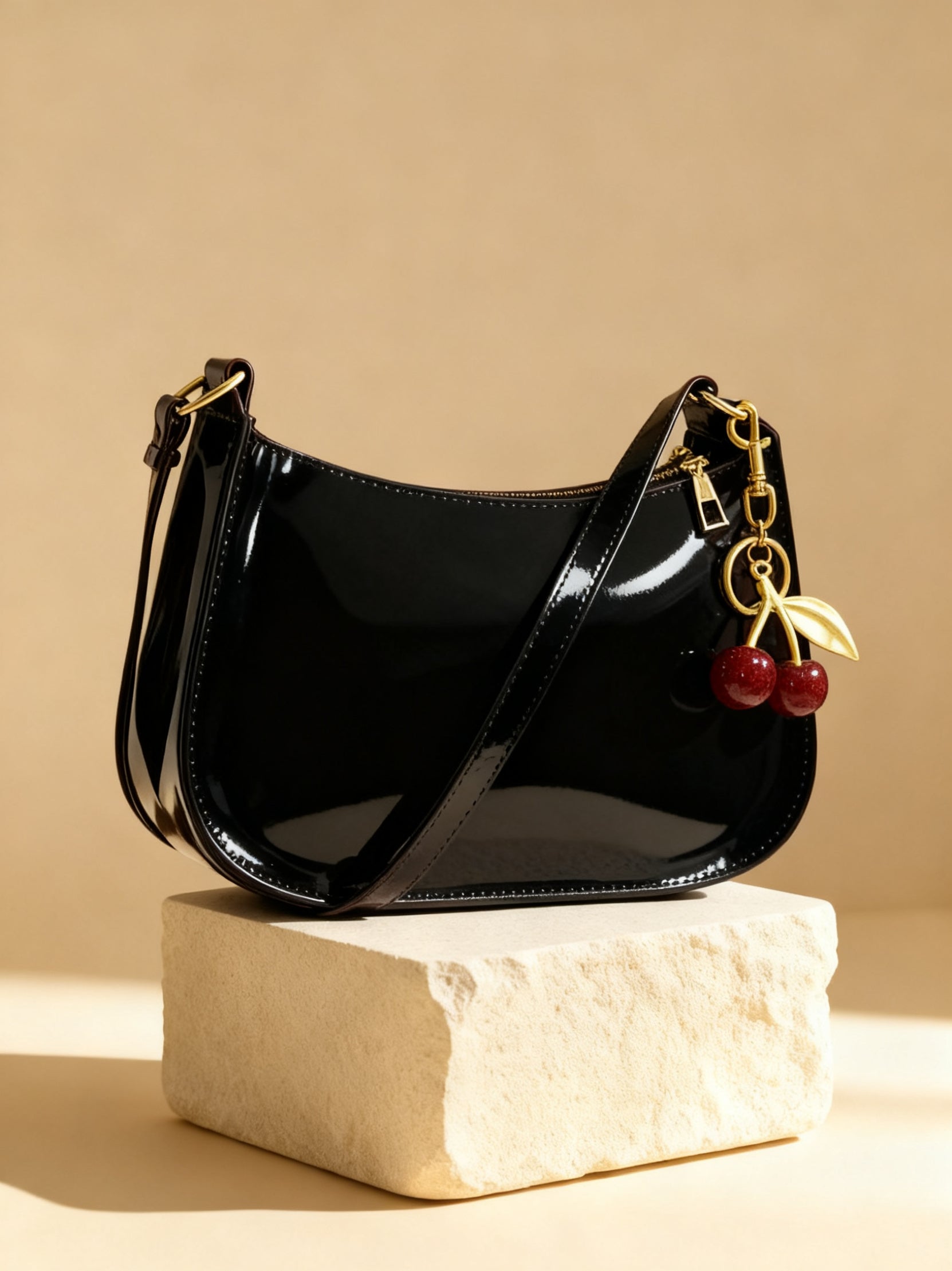 Black glossy shoulder bag Cherry Charm Bag with golden cherry charm on stone pedestal
