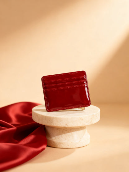 Griotte cardholder cherry red glossy patent studio hero