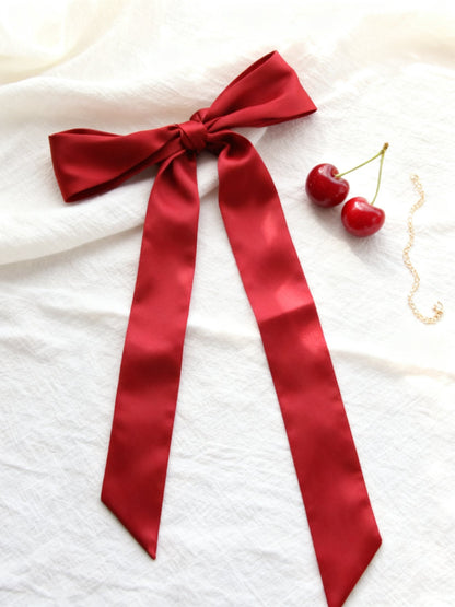 Reine satin ribbon cherry red bag scarf flat lay with cherries